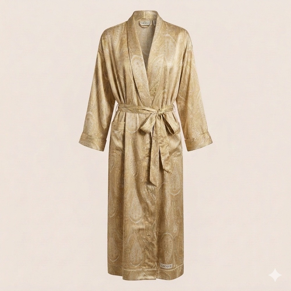 Cacique Lingerie Gold Paisley Satin Long Robe Womens M Vintage 90s Silky Boudoir